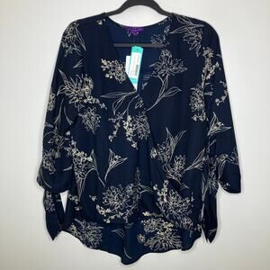 NWT WEST KEI Allan Surplice Tie Sleeve High Low Blouse Navy Floral Medium